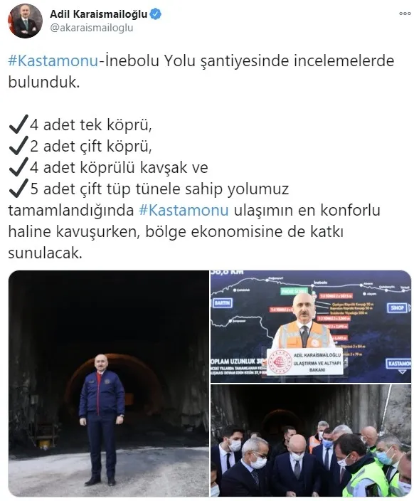 Bakan Karaismailoğlu Kastamonu-İnebolu yolu çalışmalarını inceledi