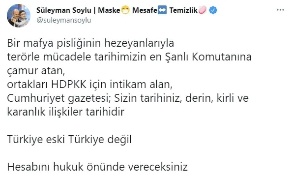 Son dakika: İçişleri Bakanı Süleyman Soylu'dan Cumhuriyet gazetesinin yalan haberine sert tepki - 1