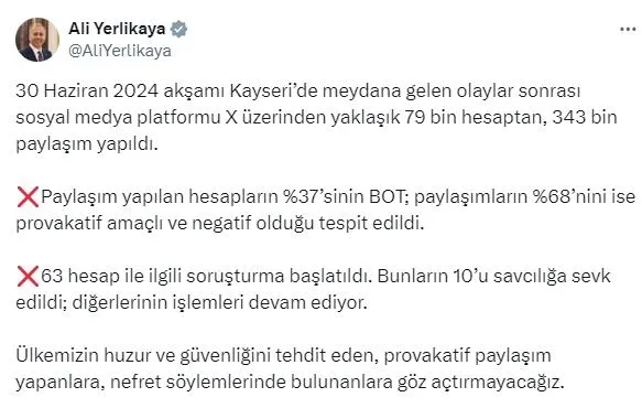 Bakan Yerlikaya’dan Kayseri’deki olaylara ilişkin açıklama: 63 hesap ile ilgili soruşturma başlatıldı | 6 gözaltı var
