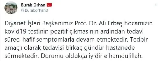 Diyanet İşleri Başkanı Ali Erbaş’ın sağlık durumu hakkında açıklama