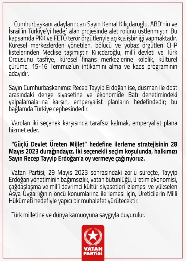 Vatan Partisi Genel Başkanı Doğu Perinçek: Halkımızı Sayın Recep Tayyip Erdoğan’a oy vermeye çağırıyoruz