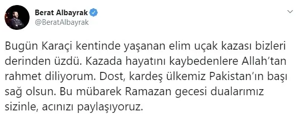Son dakika: Hazine ve Maliye Bakanı Berat Albayrak'tan Pakistan'a başsağlığı mesajı - 1