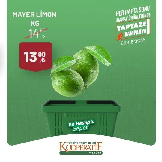 Tarım Kredi Market 11 Ocak indirim kataloğu: TK’da Kuru Soğan 7,50 TL, Portakal 12,50 TL, Limon 13,90 TL, Salatalık 22,90 TL, Yerli Muz 26,70 TL’den satışta