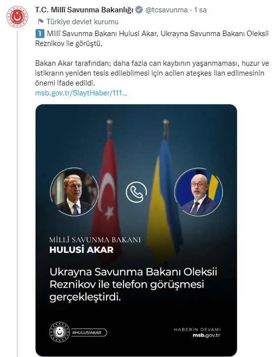 Bakan Hulusi Akar, Ukraynalı mevkidaşı Oleksiy Reznikov ile görüştü! Ateşkes mesajı