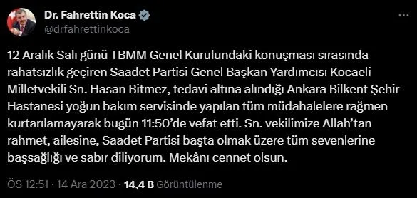 TBMM’de fenalaşmıştı! Saadet Partili vekil Hasan Bitmez hayatını kaybetti! Meclis’te veda töreni