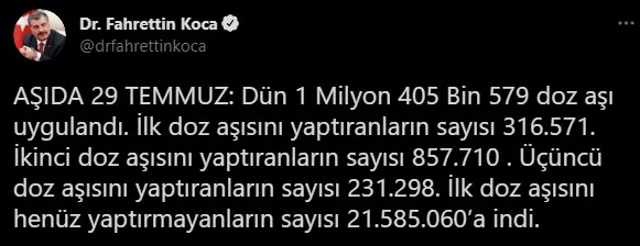 Son dakika: Sağlık Bakanı Fahrettin Koca'dan aşı açıklaması! Kaç kişi koronavirüs aşısı olmadı? - 1