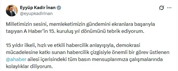 turkiyenin-gur-sesi-a-haber-15-yasinda-pes-pese-tebrik-mesajlari-1777124419681.jpeg AK Parti Genel Sekreteri Eyyüp Kadir İnan'ın tebrik mesajı (Foto: ahaber.com.tr ekran görüntüsü)