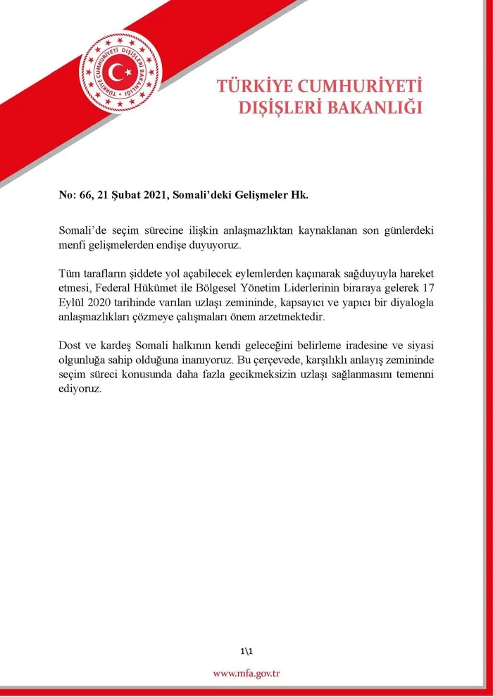 Dışişleri Bakanlığından Somali mesajı: Anlaşmazlıktan kaynaklanan menfi gelişmelerden endişe duyuyoruz - 1