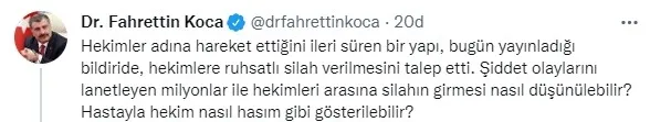 Son dakika: Sağlık Bakanı Fahrettin Koca’dan HEKİMSEN’in doktorlara silah verilmesi talebine tepki
