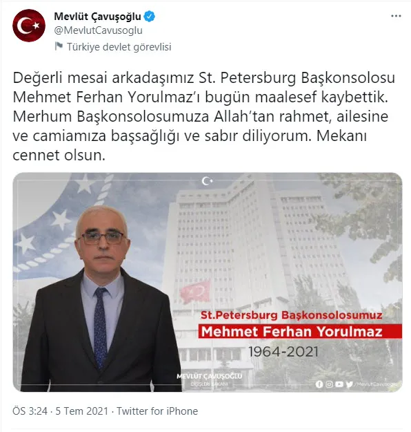 Son dakika | Dışişleri Bakanı Çavuşoğlu acı haberi açıkladı! Türkiye’nin St. Petersburg Başkonsolosu Mehmet Ferhan Yorulmaz hayatını kaybetti