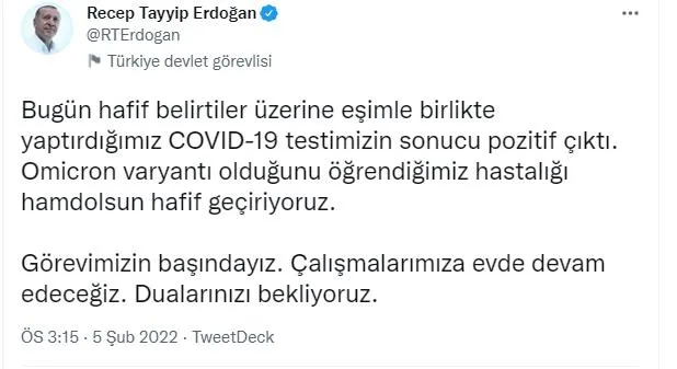 Başkan Recep Tayyip Erdoğan’ın koronavirüs testi pozitif çıktı