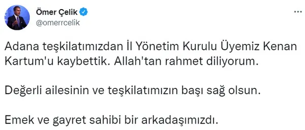 1665991343128.jpg Son dakika: AK Parti'nin acı günü! AK Parti Sözcüsü Ömer Çelik Kenan Kartum'un hayatını kaybettiğini açıkladı - 2