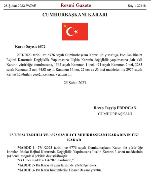 "İthalat Rejimi Kararı" Resmi Gazete yayımlandı - 1