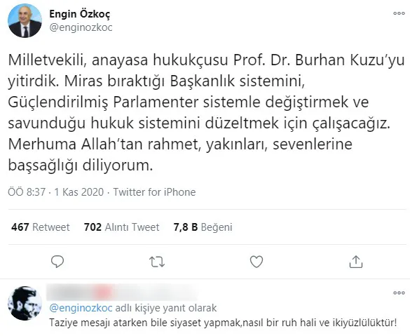 Burhan Kuzu'nun vefatı hakkında iğrenç paylaşımda bulunan CHP'li Özkoç'a sert tepki - 1