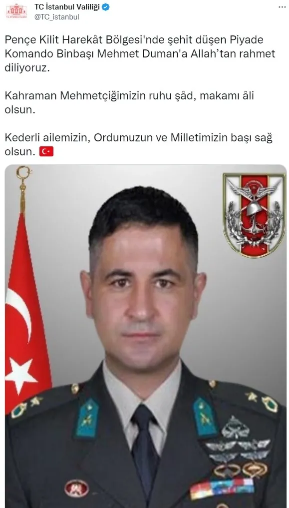 MSB: Pençe Kilit’te Binbaşı Mehmet Duman şehit oldu