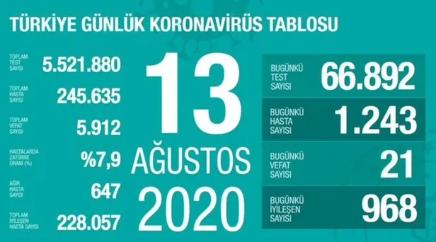 14 Ağustos koronavirüs tablosu: Türkiye’de corona virüsü vaka sayısı kaç oldu? Koronadan kaç kişi öldü?