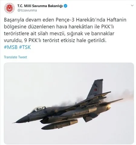 Pençe-3 Harekatı kapsamında yapılan hava harekatında 9 terörist yok edildi