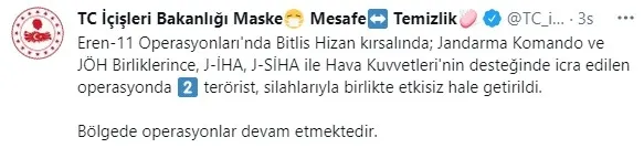 İçişleri Bakanlığı: Bitlis'te 2 PKK'lı terörist silahlarıyla beraber etkisiz hale getirildi - 1