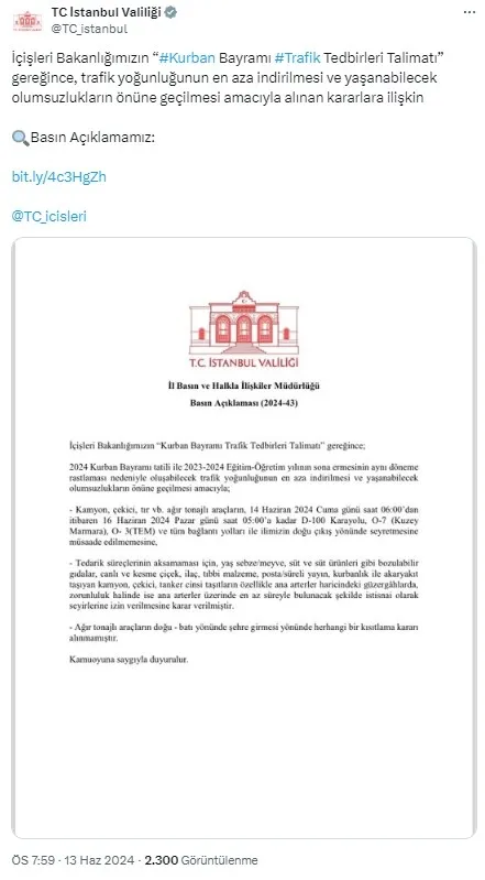 İstanbul Valiliği açıkladı! Ağır tonajlı araçların şehirden çıkışına kısıtlama