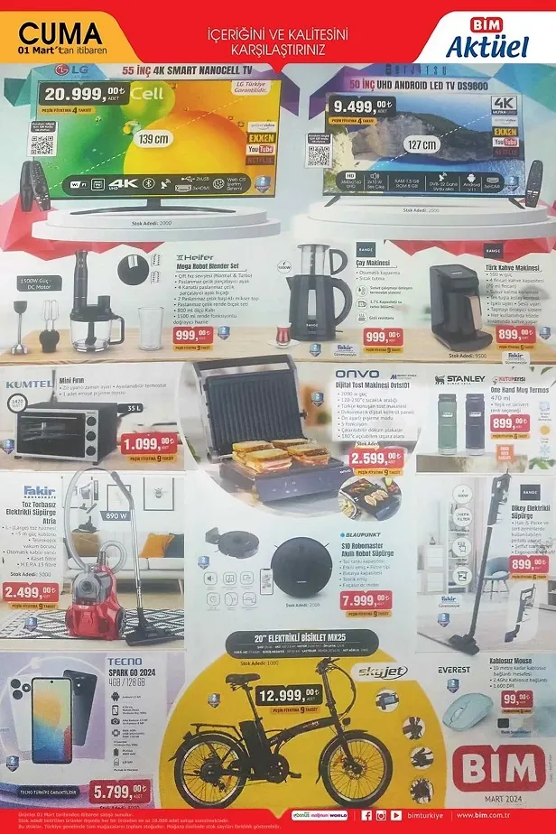 1 Mart BİM aktüel ürünler kataloğu yayınlandı! BİM’de LG 55 inc Smart TV, Stanley Termos, Kumtel Fırın, Fakir süpürge, Onvo Tost Makinesi… - 1
