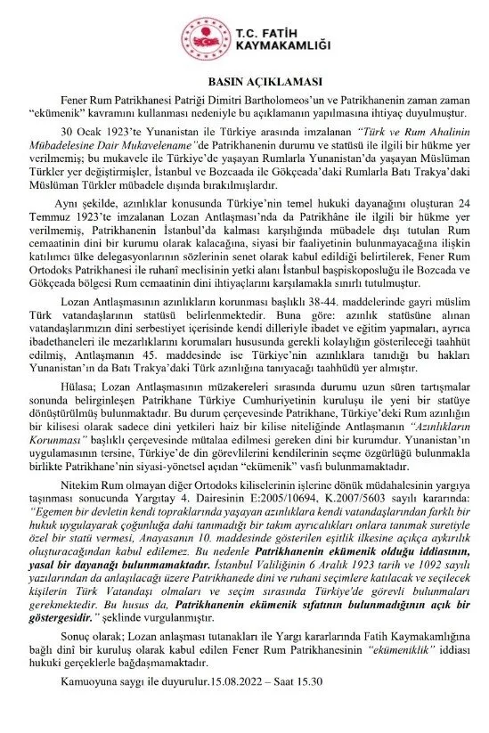 Fatih Kaymakamlığından ’ekümeniklik’ açıklaması: Vasfı bulunmuyor