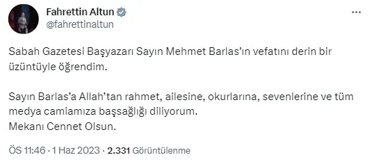 Sabah Gazetesi Başyazarı Mehmet Barlas 81 yaşında hayatını kaybetti