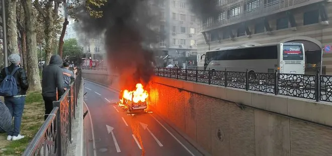 Şişli’de servis minibüsü alev alev yandı