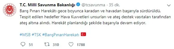 Milli Savunma Bakanlığı: Barış Pınarı Harekatı başarıyla devam ediyor - 1