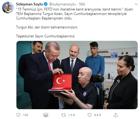 Bakan Soylu’dan Başkan Erdoğan’a Turgut Aslan teşekkürü