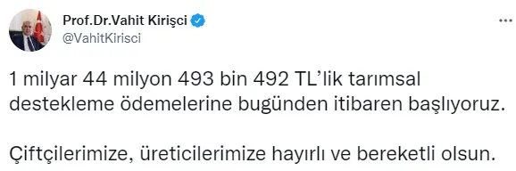 Tarım ve Orman Bakanı Vahit Kirişci'den tarımsal destek açıklaması! Çiftçilere 1 milyar TL'den fazla ödeme yapılacak - 1