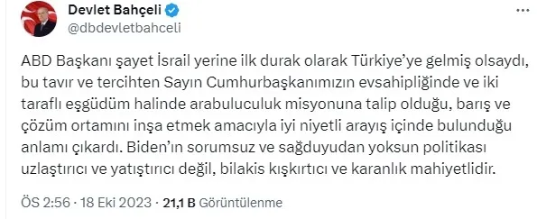MHP lideri Devlet Bahçeli’den İsrail’in hastane saldırısına tepki: Sivil halk katliam ablukasına alınmıştır