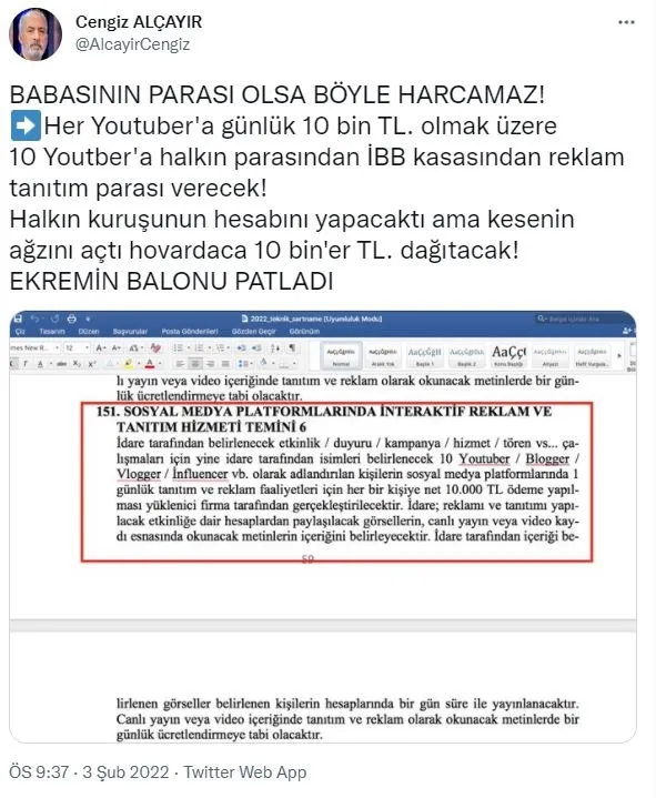 İBB vatandaşın parasını reklama veriyor! YouTuber’lara günde 10 bin TL