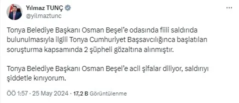 Tonya Belediye Başkanı Beşel’e makamında saldırı: Adalet Bakanı Tunç’tan açıklama geldi