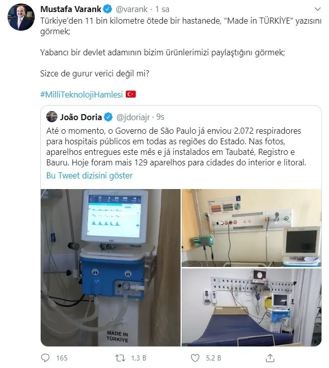 Brezilyalı vali Twitter'dan paylaştı! Türkiye'nin yerli solunum cihazı dünyaya can veriyor - 1