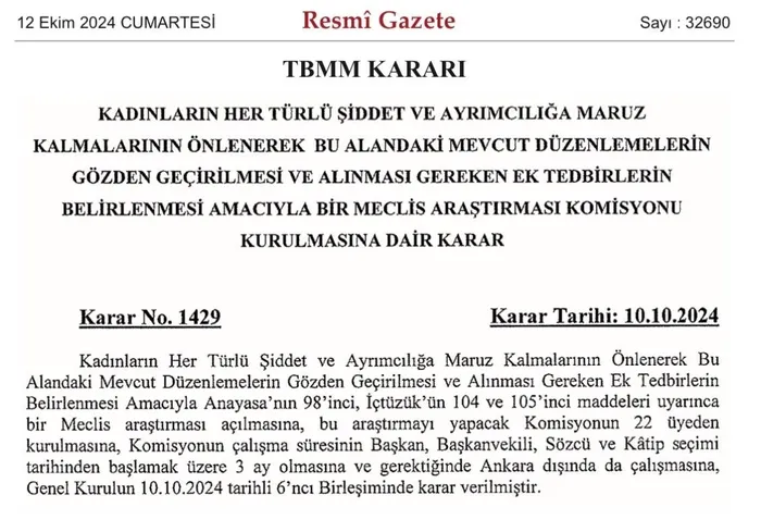 Resmi Gazete’de yayımlandı! Kadına Şiddet Araştırma Komisyonu kuruluyor