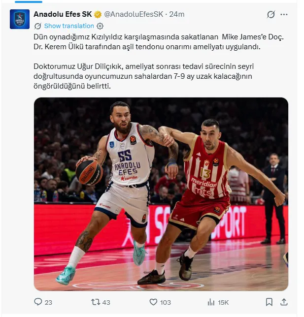 Anadolu Efes’te Mike James aşil tendonu ameliyatı oldu: 7-9 ay sahalardan uzak kalması bekleniyor - 1