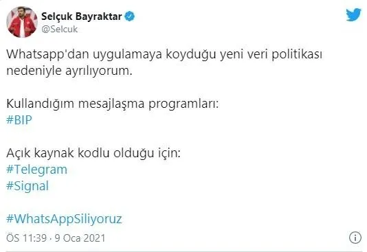 ’#WhatsAppSiliyoruz’ boykotu çığ gibi büyüyor! Cumhurbaşkanlığı, kamu kuruluşları, Selçuk Bayraktar, İbrahim Kalın...