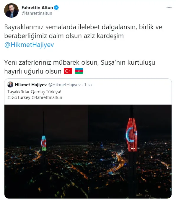 İletişim Başkanı Fahrettin Altun: Şuşa’nın kurtuluşu hayırlı uğurlu olsun