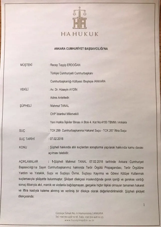 Cumhurbaşkanı Erdoğan'dan CHP'li Mahmut Tanal'a suç duyurusu - 1