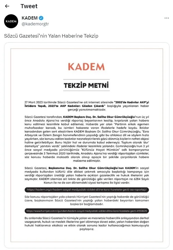 KADEM’den Sözcü’nün haberine yanıt: Gerçeği yansıtmamakta