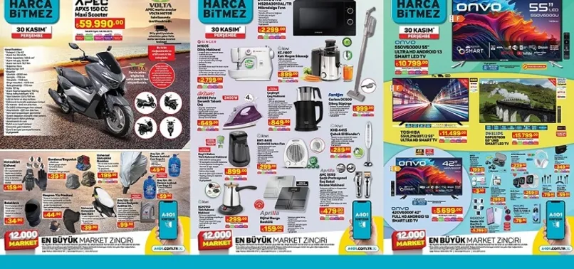 4 Aralık A101 aktüel ürünler kataloğunu yayınladı! A101’de 150 CC Maxi Scooter, Mikrodalga Fırın, Çay Makinesi, Smart Led Tv uygun fiyata satışta…