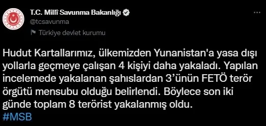 Bakanlık duyurdu: Yunanistan’a kaçmaya çalışan 3’ü FETÖ’cü 4 kişi yakalandı