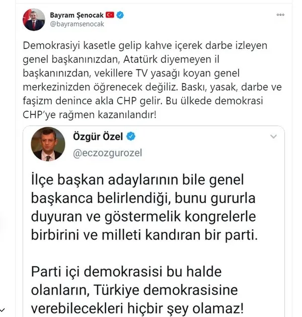AK Parti İstanbul İl Başkanı Bayram Şenocak’tan CHP’li Özgür Özel’e sert tepki: Baskı, yasak, darbe ve faşizm denince akla CHP gelir