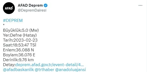 AFAD: Hatay'da deprem meydana geldi | 2023 son depremler - 2
