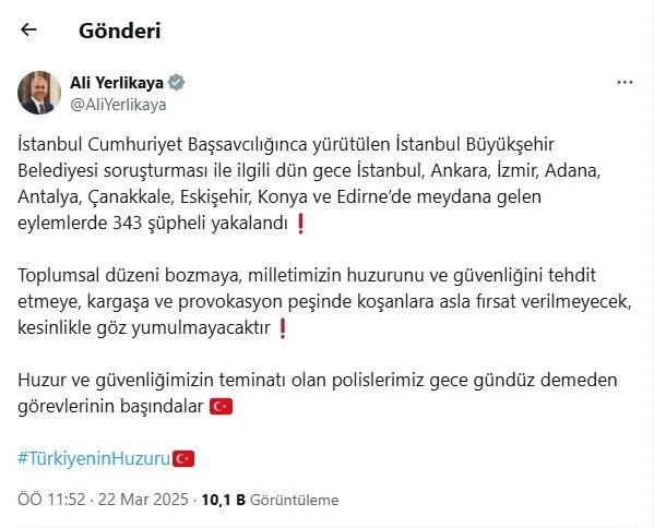 Bakan Yerlikaya X paylaşımı / ekran alıntısı