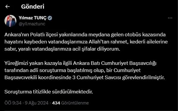 Adalet Bakanı Yılmaz Tunç kazayla ilgili sosyal medya adresinden açıklama yaptı