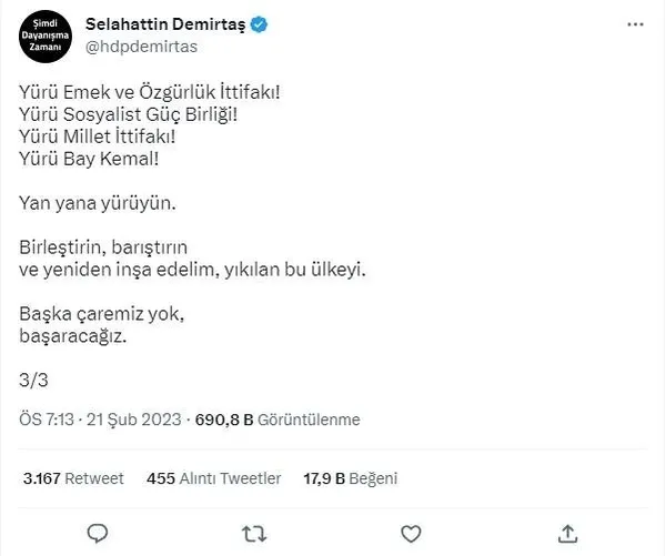 HDP’li Selahattin Demirtaş’tan altılı koalisyona aday önerisi! Akşener’i ters köşe yapacak çıkış: Yürü Bay Kemal!