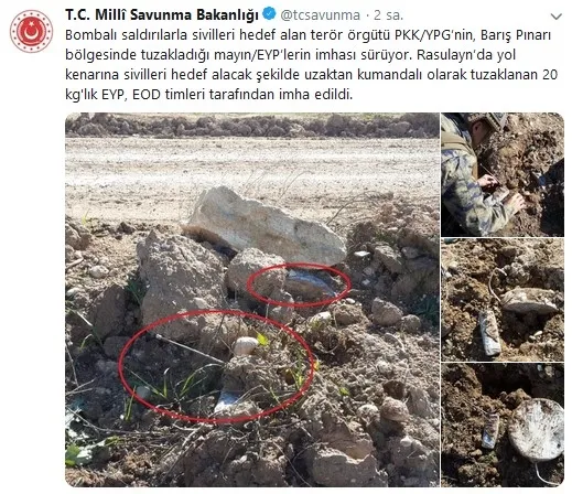 Savunma Bakanlığı: PKK-YPG’nin Rasulayn’da tuzakladığı 20 kilogramlık EYP imha edildi