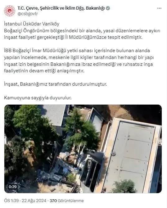 Boğaz’da izinsiz inşaata soruşturma! Vaniköy’deki yapıya İBB göz yumdu! İnşaatın sahibi Paris gezisinin sponsoru mu?