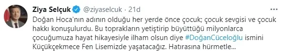 Milli Eğitim Bakanı Ziya Selçuk duyurdu! Doğan Cüceloğlu’nun adı Küçükçekmece Fen Lisesi’ne verilecek